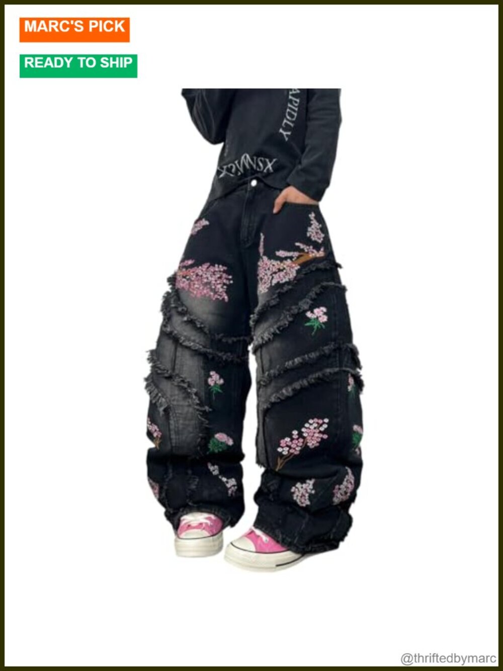 Mens Wide Leg Baggy Jeans Floral Embroidery Loose Fit Y2K Vintage Denim
